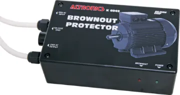 240V Mains Brownout Protector Kit The Brownout Protector is designed to protect single-phase induction motors in fridges, freezers, pumps etc from burnout if they attempt to start during a brownout. It will switch off the power if the voltage falls below a set threshold.