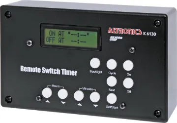 Programmable Remote Control Mains Switch Kit This remote control mains switch can be programmed to switch appliances on and off after a set period or to switch power on and off at set times.