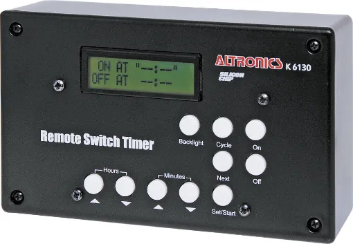 This remote control mains switch can be programmed to switch appliances on and off after a set period or to switch power on and off at set times.