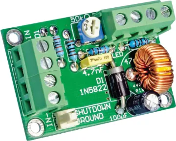 Mini Switching Regulator (SC Feb '12) This tiny regulator board outputs 1.2-20V from a higher voltage DC supply at currents up to 1.5A. It's small, efficient and cheap to build, with many handy features such as a very low drop-ou