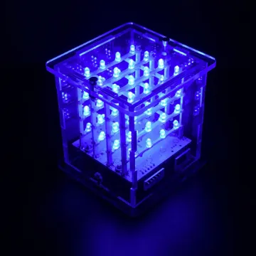 4x4x4 Arduino Based Blue LED Acrylic Cube Kit A fun LED cube featuring 64 blue LEDs for creating cool lighting effects. This kit has been designed to be easier to construct by using pre-made LED module strips and is housed with the Arduino control board and USB FTDI interface inside a laser cut acrylic case.