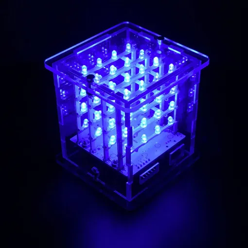 A fun LED cube featuring 64 blue LEDs for creating cool lighting effects. This kit has been designed to be easier to construct by using pre-made LED module strips and is housed with the Arduino control board and USB FTDI interface inside a laser cut acrylic case.