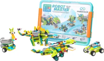 Makerzoid Robot Master Premium 200 in 1 Set Build up to 200 different projects or create your own! Great for inspiring kids to invent and design with staged learning from the basics up to advanced Scratch programming. Each set contains hundreds of blocks, plus multifunction sensors, programmable motor and host controller. Compatible with big brand name blocks.