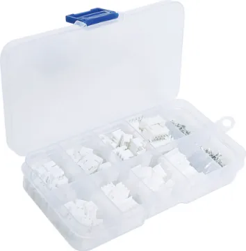 2.54mm Boxed Straight Header Connector Kit An assortment of straight pin boxed PCB connectors and matching plugs in 2, 3, 4 and 5 way varieties (10 of each plug and socket). Plus crimp pins to suit plug housings. 150pcs total.