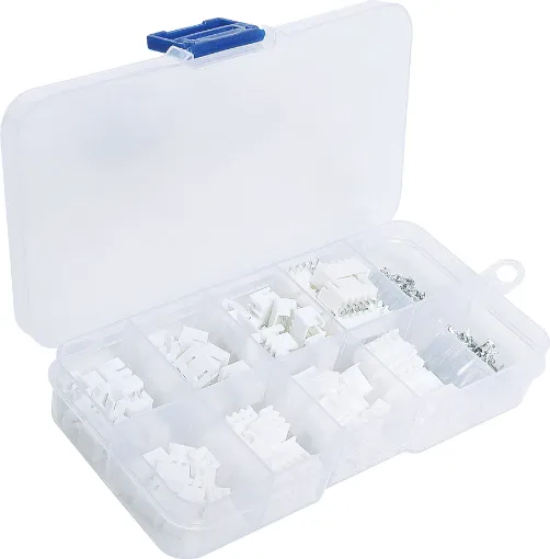 An assortment of straight pin boxed PCB connectors and matching plugs in 2, 3, 4 and 5 way varieties (10 of each plug and socket). Plus crimp pins to suit plug housings. 150pcs total.