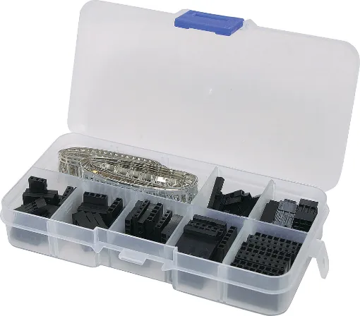 A huge assortment of single row header connectors for making your own custom length wiring harnesses or prototyping cables. Pack contains a variety of female connector housings in different sizes plus male and female pin connector crimps. 