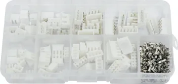 2.54mm 90° Boxed Header Connector Kit An assortment of straight boxed PCB connectors and matching plugs in 2, 3, 4 and 5 way varieties. Plus crimp pins to suit plug housings. 150pcs total.
