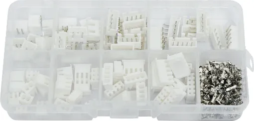 An assortment of straight boxed PCB connectors and matching plugs in 2, 3, 4 and 5 way varieties. Plus crimp pins to suit plug housings. 150pcs total.