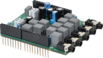 PT2329 Digital Audio Shield For Arduino Kit The PT2329 is an audio processor IC consisting of a stereo input selector along with volume and tone controls, all controlled through I2C.