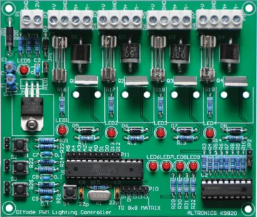 PWM DC Lighting Controller Kit (DIYODE Sept ‘18) Provides four 5A channels of DC powered lighting such as LED strips and lamps. Each channel is independently powered and protected allowing for a very compact and easy to wire design. Utilises an ATmega328p controller (on board) to provide smooth adjustment to brightness levels. Buttons provide channel selection and up/down bright