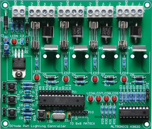 (DIYODE Sept ‘18) Provides four 5A channels of DC powered lighting such as LED strips and lamps. Each channel is independently powered and protected allowing for a very compact and easy to wire design. Utilises an ATmega328p controller (on board) to provide smooth adjustment to brightness levels. Buttons provide channel selection and up/down bright