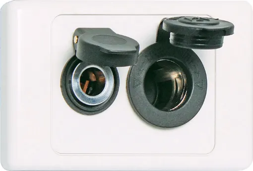 Includes dual weather resistant 12V accessory sockets. Ideal for caravans and RV's. 6.35mm spade rear connections. Mounted on an Altronics Dual Cover Wallplate. 
