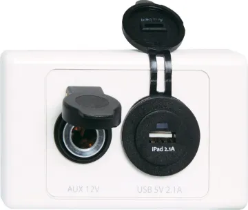 5V USB Charger Merit Connector Dual 12V Wallplate Includes a single weather resistant merit socket and a USB type 'A' charging socket. Ideal for caravans and RV's. 6.35mm spade rear connections. Mounted on an Altronics Dual Cover Wallplate.