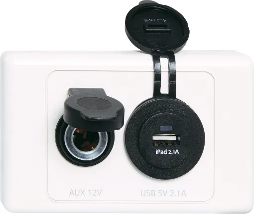 Includes a single weather resistant merit socket and a USB type 'A' charging socket. Ideal for caravans and RV's. 6.35mm spade rear connections. Mounted on an Altronics Dual Cover Wallplate.