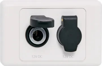Caravan Dual Merit Socket 12V DC Wallplate Dual 12V DC Merit sockets with protective dust cap. Ideal for use in 4WDs, 
Caravans and RV. 6.3mm spade connection.