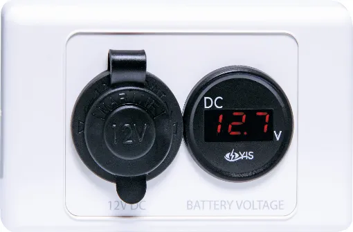 A combination 12V accessory socket and a battery voltage meter on convenient wall plate. So you can keep an eye on your battery conveniently. measures form 2.5V to 30V DC so you can use it on 24V systems as well.