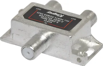 2400MHz 2W Professional Digital TV Splitter Housed in a zinc diecast enclosure to prevent external interference. Suits frequencies from 5 to 2400MHz for use with digital TV, cable and satellite TV. All models include power pass feature from input to all outputs to allow powering of a masthead amp. F type connection.