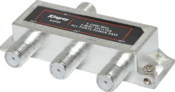 2400MHz 3W Professional Digital TV Splitter Housed in a zinc diecast enclosure to prevent external interference from unwanted signals. Unlike cheaper splitters, these are wideband and will accept frequencies up to 2400MHz making them suitable for use with Digital TV, Cable and Satellite TV frequency