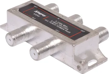 2400MHz 4W Professional Digital TV Splitter Housed in a zinc diecast enclosure to prevent external interference. Suits frequencies from 5 to 2400MHz for use with digital TV, cable and satellite TV. All models include power pass feature from input to all outputs to allow powering of a masthead amp. F type connection. This splitter is also Foxtel approved.