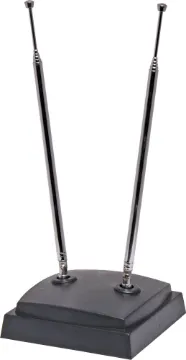 TV Antenna Rabbit Ears Complete With Base Indoor diople TV antenna with heavy duty base. 
1m 75Ω coaxial lead with moulded PAL connector.
The two antennae can be independently rotated allowing the rabbit ears to be set for the clearest reception you can get.