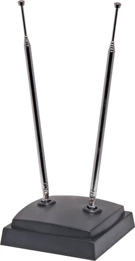Indoor diople TV antenna with heavy duty base. 
1m 75&Omega; coaxial lead with moulded PAL connector.
The two antennae can be independently rotated allowing the rabbit ears to be set for the clearest reception you can get. 