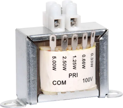 5 Watt 100V line speaker transformers with tapped primary, and secondary to suit 8 Ohm speakers.