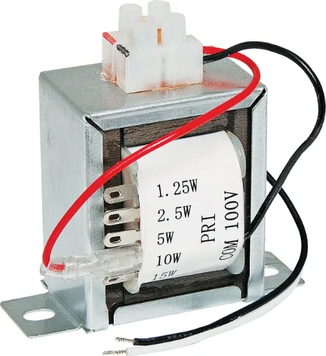 15 W 100V line speaker transformer with multi-tapped primary and secondary to suit 8 Ohm speakers.