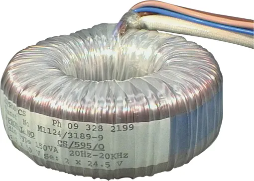 High power toroidal transformer for audio use. Input and output windings can be reversed or be configured differently i.e. Input windings series connected for 100V and output windings paralleled for 4 Ohm.