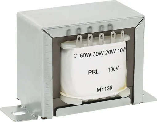 High quality, high performance 100V line audio transformers. All models are wound on professional grade grain orientated steel core for extended frequency response. Designed for use in high grade constant voltage 100V and 70V PA Systems. 

60 Watt 100V 