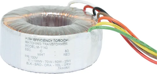 These high power, high efficiency toroidal transformers are designed for matching  8 ohm speakers to 100V line amplifier systems.