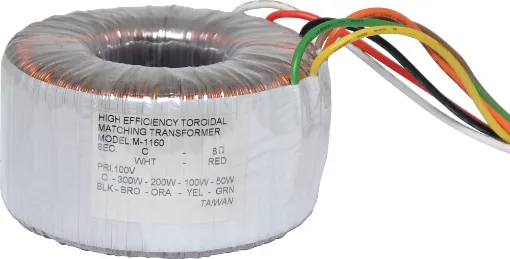These high power, high efficiency toroidal transformers are designed for matching 8 ohm speakers to 100V line amplifier systems.