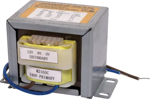 Powertran EI-Core 240V AC mains transformer with 6.6A dual multi tapped secondary configuration. Two sets of 0V, 9V and 12V secondaries are available at a maximum current of 6.6A (max current when 9V secondaries connected in parallel) . Primary is fitted with 200mm flyleads. Secondary taps have solder tags. Fully electrical authority approved for A