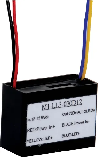 Designed for high power star LEDs. Provides constant current ensuring correct operation & reliability. Epoxy encapsulated. Easy inline connection. Suit 1-6pcs 1W LED's 9-30V DC 350mA.