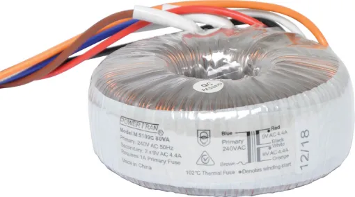 Efficient toroidal transformer with 9V secondaries. 80VA rated.
