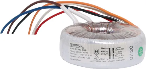 Efficient toroidal transformer with 15V secondaries. 80VA rated.
