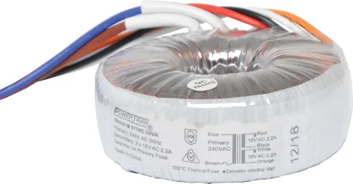 Efficient toroidal transformer with 18V secondaries. 80VA rated.
