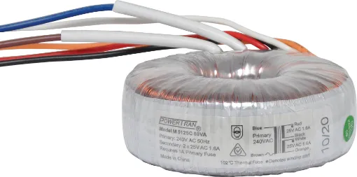 Efficient toroidal transformer with 25V secondaries. 80VA rated.
