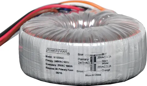 Efficient toroidal transformer with 25V secondaries. 160VA rated.
