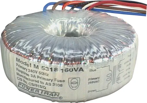 Efficient toroidal transformer with 45V secondaries. 160VA rated.
