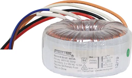 Efficient toroidal transformer with 12V secondaries. 300VA rated.
