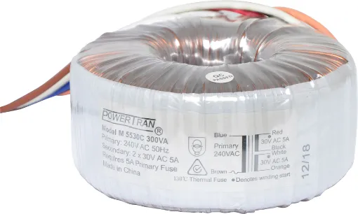 Efficient toroidal transformer with 30V secondaries. 300VA rated.
