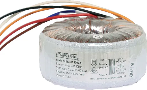 Efficient toroidal transformer with 35V secondaries. 300VA rated.
