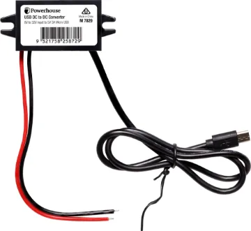8-32V to 5V 3A Micro USB DC-DC Converter This handy DC-DC converter accepts a 8-32V DC input voltage and converts it to a 5V 3A micro USB output for charging a USB device. These can be easily integrated into vehicle wiring, remote power systems and more.