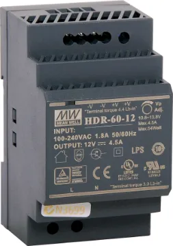 HDR-60-12 60W 12VDC 4.5A DIN Rail Switchmode Power Supply The Mean Well HDR-60-12 is a 60W DIN rail mountable power supply with a DC output voltage of 12V. The design is ideal for lower current DC power applications in a standardised DIN rail housing to suit mounting to asymmetrical “G” or 35mm top hat type DIN rails.