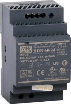 HDR-60-24 60W 24VDC 2.5A DIN Rail Switchmode Power Supply The Mean Well HDR-60-24 is a 60W DIN rail mountable power supply with a DC output voltage of 24V. The design is ideal for lower current DC power applications in a standardised DIN rail housing to suit mounting to asymmetrical “G” or 35mm top hat type DIN rails.