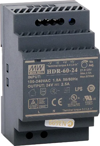 The Mean Well HDR-60-24 is a 60W DIN rail mountable power supply with a DC output voltage of 24V. The design is ideal for lower current DC power applications in a standardised DIN rail housing to suit mounting to asymmetrical “G” or 35mm top hat type DIN rails. 