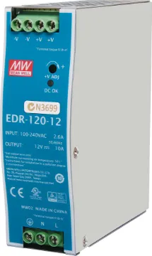 EDR-120-12 120W 12VDC 10A DIN Rail Switchmode Power Supply The Mean Well EDR-120-12 provides 12VDC 10A output with a rated power output of 120W. The compact enclosure is easy to wire with recessed terminals. Each Mean Well power supply includes protection from short circuit, over load and over voltage conditions to protect the supply and connected equipment from damage.