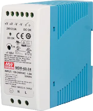 MDR-60-24 60W 24VDC 2.5A DIN Rail Switchmode Power Supply The Mean Well MDR-60-24 provides 24VDC 2.5A output with a rated power output of 60W. The compact enclosure is easy to wire with recessed terminals. Each Mean Well power supply includes protection from short circuit, over load and over voltage conditions to protect the supply and connected equipment from damage.