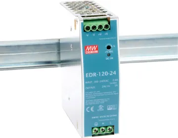 EDR-120-24 120W 24VDC 5A DIN Rail Power Supply The Mean Well EDR-120-24 provides 24VDC 5A output with a rated power output of 120W. The compact enclosure is easy to wire with recessed terminals. Each Mean Well power supply includes protection from short circuit, over load and over voltage conditions to protect the supply and connected equipment from damage.