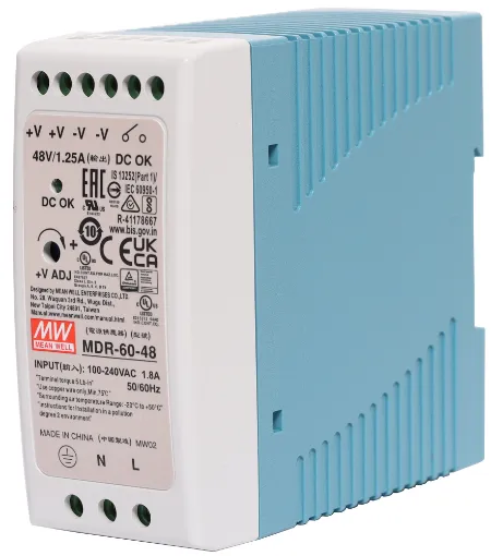 The Mean Well MDR-60-48 provides 48VDC 1.25A output with a rated power output of 60W. The compact enclosure is easy to wire with recessed terminals. Each Mean Well power supply includes protection from short circuit, over load and over voltage conditions to protect the supply and connected equipment from damage.